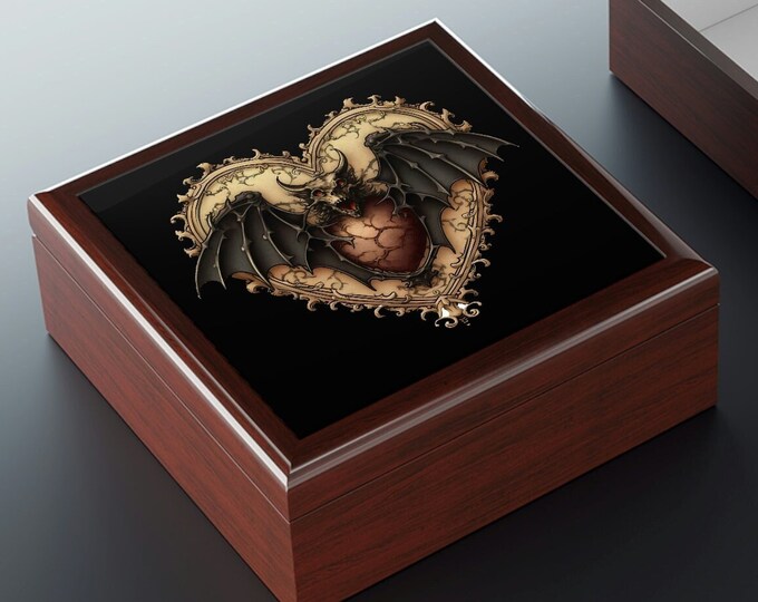 Gothic Bat Heart Design Wooden Keepsake Jewelry Box