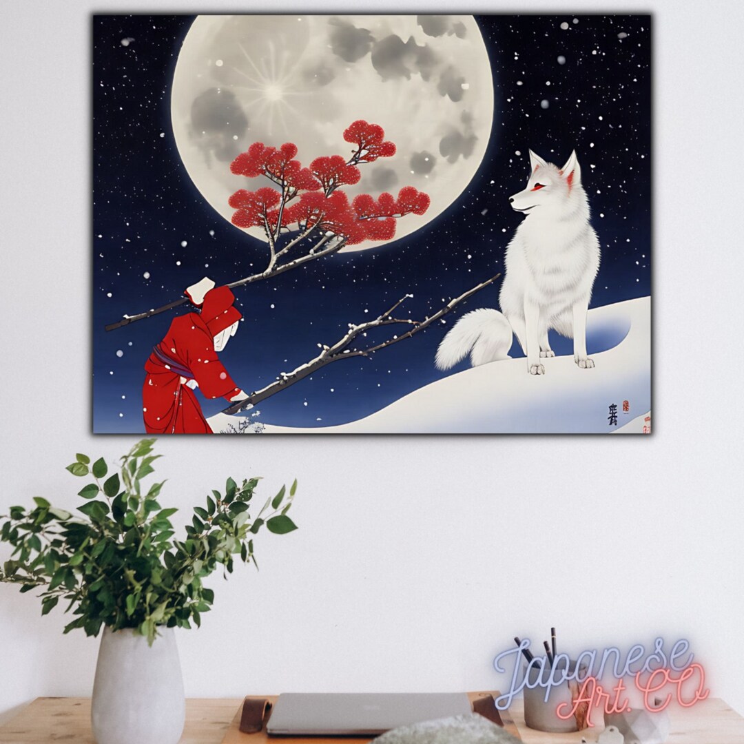 Japanese Art the Moonlit Kitsune Yokai Ukiyoe Etsy