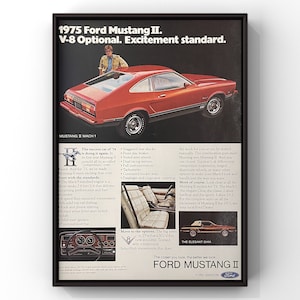 Vintage 1970s Red Classic Car Ford Mustang 2 II 70s Magazine Page Ad Poster Paper Print Wall Art Home Decor Retro Gift Original Collectible