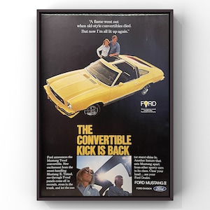 Vintage 1970s Ford Convertible Mustang 2 70s Classic Car Magazine Page Ad Poster Print Wall Art Home Decor Retro mid century Gift Original