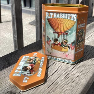 Vintage 1980s R.T BABBITTS Soap Powder Empty Tin Storage Box Tea Canister Home Decor Metal Bar Kitchen 1900s Style Container 80s Gift Candy