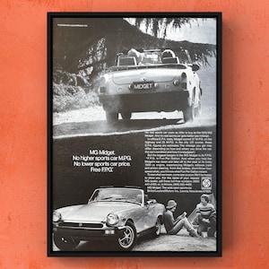 Klasyczny samochód MGB z lat 70., reklama na stronie magazynu MG Brit z lat 70., plakat, dekoracja ścienna, wystrój domu, prezent retro, oryginalny, kolekcjonerski, modna męska jaskinia