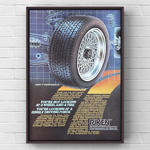 Vintage 1980s RIKEN Wheels Tires 80s Car Magazine Page Ad Poster Paper Print Wall Art Home Decor Retro Gift Original Collectible Garage Blue