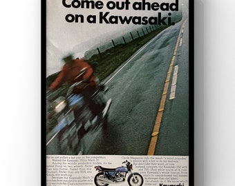 Vintage 1970s Kawasaki Motorcycle 750cc Mach 70s Magazine Ad Poster Paper Print Wall Art Home Decor Retro Gift Original Collectible Mancave