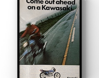 Vintage 1970s Kawasaki Motorcycle 750cc Mach 70s Magazine Ad Poster Paper Print Wall Art Home Decor Retro Gift Original Collectible Mancave