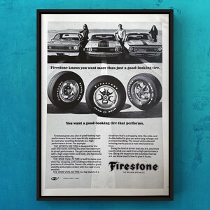 Póster vintage de neumáticos Firestone de los años 70, para revista, anuncio, arte de pared, decoración del hogar, regalo retro, colección original, cueva del hombre, moderno.