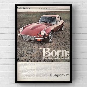 Cartel publicitario vintage de la página de una revista de los años 70 con un coche deportivo Jaguar rojo V-12, arte de pared, decoración del hogar, regalo retro, colección original, Mam Cave Lux