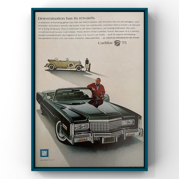 Cadillac vintage des années 1970, voiture classique des années 70, affiche de publicité dans un magazine, impression sur papier, art mural, décoration rétro, cadeau original, collection homme des cavernes, 75
