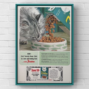 Vintage 1960s Cat Friskies Food 60s Magazine Ad Poster Paper Print Wall Art Home Decor Retro Gift Original Collectible Kitchen Pet Fish Cute