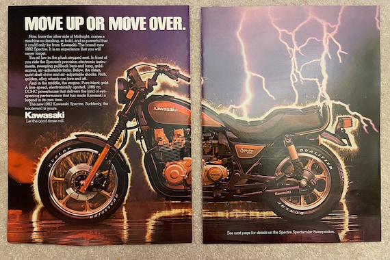 Vintage 1980s Kawasaki Motorcycle 2 Page Magazine Page Ad Poster