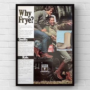 Vintage 1980s Frye Boots 80s Clothing Magazine Page Ad Poster Print Wall Art Home Decor Retro Gift Original Collectible Man Cave Trendy