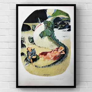 Ilustración de cómic de Playboy vintage de los años 70, dibujo divertido, página de revista de los años 70, póster de mujer dragón, impresión, decoración del hogar, arte de pared, regalo coleccionable