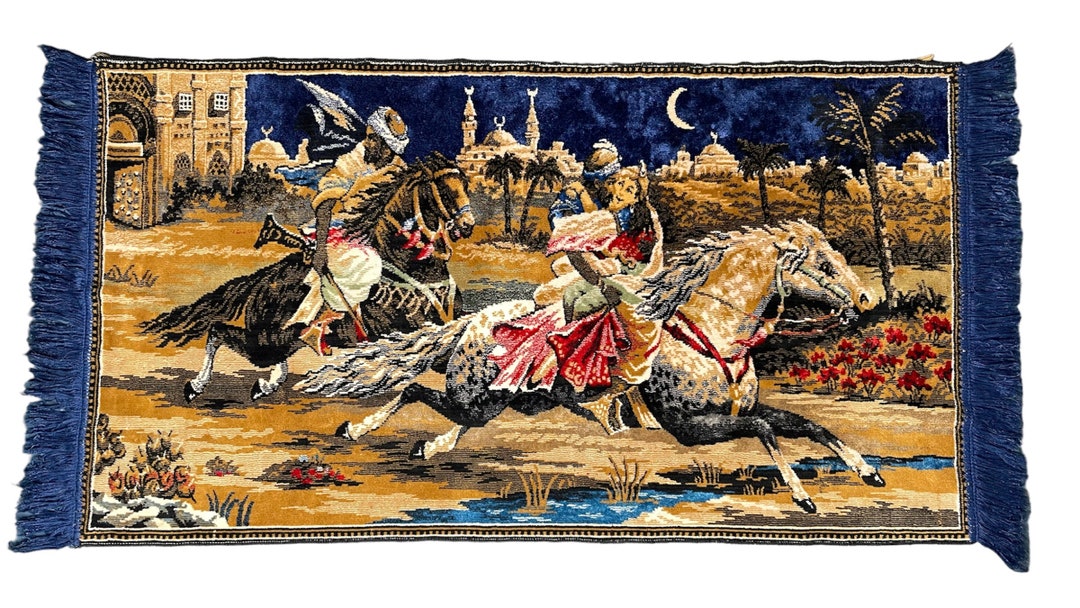 Vintage 1970s Velvet Wall Tapestry Rug Arabian Nights Horses Etsy