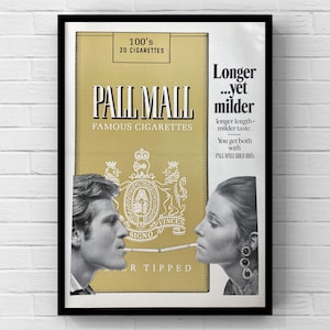 Póster vintage de cigarrillos Pall Mall de los años 70, página de revista de tabaco, impresión en papel, arte de pared, decoración del hogar, regalo retro, colección original en oro.