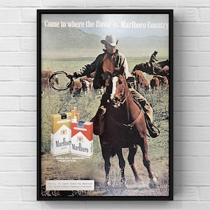 Vintage 1970s Marlboro Cigarettes 70s Cowboy Western Magazine Page Ad Poster Paper Print Wall Art Home Decor Retro Gift Original Collectible