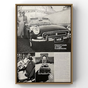 Carro clássico MGB vintage dos anos 1970, MG Brit, revista dos anos 70, pôster, impressão, arte de parede, decoração para casa, presente retrô, colecionável original, caverna masculina, moderno