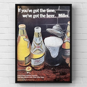 Cartel vintage de la década de 1970 con cerveza Miller High Life, bar de los años 70, alcohol, revista, página de anuncio, impresión en papel, arte de pared, decoración del hogar, regalo retro, coleccionable original