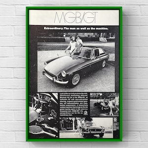Póster vintage de coche clásico MG de los años 70, página de revista, anuncio, impresión, arte de pared, decoración del hogar, regalo retro, original, coleccionable, cueva del hombre, MGB/GT de moda
