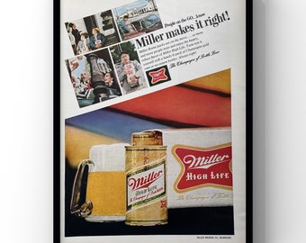 Vintage des années 60, bière Miller, barre d'alcool, bouteille de champagne des années 60, affiche de publicité pour un magazine, impression sur papier, art mural, décoration d'intérieur rétro originale, collection