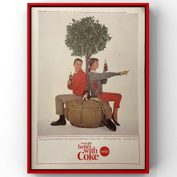 Vintage 1960s Coke Coca Cola pop magazine ad poster print retro 60s / Ford classic car blue Galaxie 500 wall art home decor collectible gift