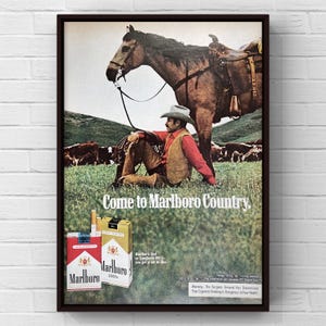 Cartel publicitario vintage de cigarrillos Marlboro de los años 70, página de revista de vaqueros del oeste de los años 70, impresión de arte de pared, decoración del hogar, regalo retro, coleccionable original para hombre