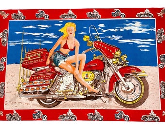 Vintage 1970s Motorcycle Tapestry A.T.C. New York Bikini Biker pin up girl eagle Harley Davidson wall home decor carpet 70s art easyrider