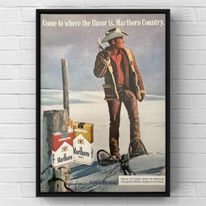 Cartel publicitario vintage de cigarrillos Marlboro de los años 70, página de revista de vaqueros del oeste de los años 70, impresión de arte de pared, decoración del hogar, regalo retro, coleccionable original para hombre