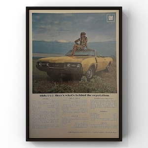 Vintage 1960er Jahre Oldmobile Old 4-4-2 Classic Car Gelb 60er Jahre GM Magazin Seite Ad Poster Druck Wand Kunst Home Decor Retro Original Sammlerstück