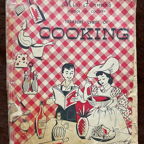 Vintage des années 1950 Miss Farmers School of Cookery Treasure Chest of Cooking livre à couverture souple livres de cuisine rétro recettes recettes de cuisine des années 50