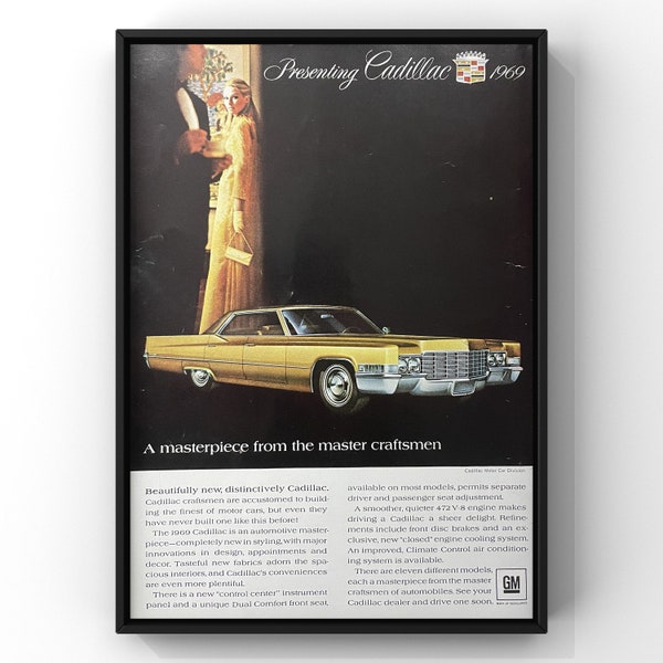 Affiche de voiture classique Gold Cadillac des années 1960, impression publicitaire, décoration rétro des années 60, art mural, General Motors, 1969, cadeau de collection, garage, mancave