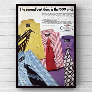 Camisa vintage Fruit Of The Loom de los años 70, póster publicitario de revista de los años 70, impresión de arte de pared, decoración del hogar, regalo retro de mediados de siglo, ropa original para hombre