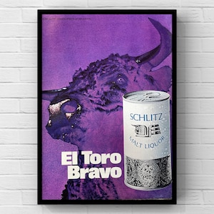 Cartel publicitario vintage de la página de revista de los años 70 de El Toro Bravo, licor de malta, barra de alcohol, arte de pared, decoración del hogar, regalo de toro, coleccionable original