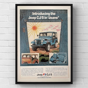 Póster vintage de la década de 1970 con el Jeep Renegade CJ-5 de los años 70, impresión de la página de la revista American Motors, arte de pared, decoración del hogar, regalo retro, vaqueros coleccionables originales