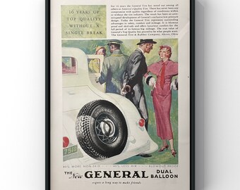 Vintage 1930s General tire classic car poster print ad Art Deco tires cars retro Ohio USA wall art home decor 30s dress tires