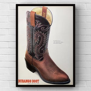 Stivali da cowboy Durango vintage anni '80, poster pubblicitario per riviste anni '80, stampa su carta, decorazione da parete, regalo retrò, scarpe da collezione originali da cowboy