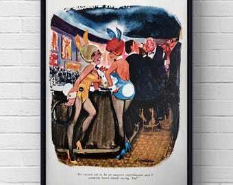 Vintage 1970s Sokol Illustration Comic Drawing Playboy Bunny Party Funny Magazine Page 70s Poster Print Original Home Decor Wall Art Gift