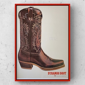 Stivali da cowboy Durango vintage anni '80, poster pubblicitario per riviste anni '80, stampa su carta, decorazione da parete, regalo retrò, scarpe da collezione originali da cowboy