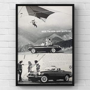 Carro clássico MGB vintage dos anos 1970, MG Brit, revista dos anos 70, pôster, impressão, arte de parede, decoração para casa, presente retrô, colecionável original, caverna masculina, moderno