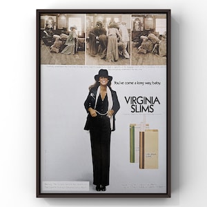 Cartel publicitario de la página de revista feminista de los años 70 con cigarrillos Virginia Slims vintage de los años 70, impresión de mujer, arte de pared, decoración del hogar, tabaco original retro de moda