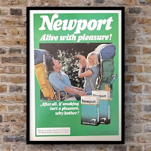 Cigarrillos Newport vintage de los años 70, llenos de placer, tabaco para fumar, página de revista de los años 70, póster publicitario, impresión, arte de pared, decoración del hogar, retro original