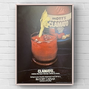 Cartel publicitario vintage de la revista Clamato, de los años 70, con cócteles, alcohol, papel impreso, arte de pared, decoración del hogar, regalo retro, vodka coleccionable original.
