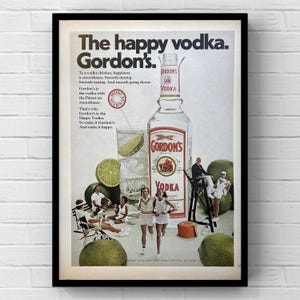 Cartel vintage de la revista Gordon’s London Vodka Bar, años 70, nieve, invierno, alcohol, anuncio, página, papel, impresión, arte de pared, decoración del hogar, regalo retro