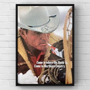 Cartel publicitario vintage de cigarrillos Marlboro de los años 70, página de revista de vaqueros del oeste de los años 70, impresión de arte de pared, decoración del hogar, regalo retro, coleccionable original para hombre