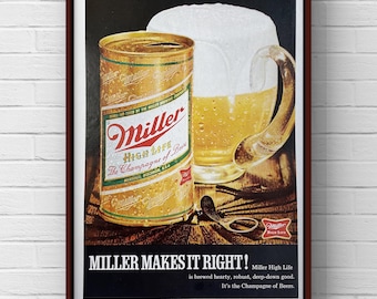 Vintage 1970s Miller High Life Beer 70s Bar J&B Alcohol Magazine Ad Poster Paper Print Wall Art Home Decor Retro Gift Original Collectible