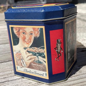 Vintage 1990s Planters Peanuts Metal Tin Woman 1920s Style Container Home Decor Storage Jewellery Box Art Deco 90s Snack Kitchen