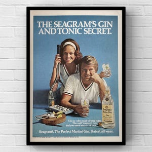 Cartel vintage de la década de 1970 con ginebra Seagrams, alcohol, revista de los años 70, impresión de página, arte de pared, decoración del hogar, regalo retro, colección original, cueva del hombre, moda
