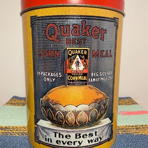 Vintage 1980s Quaker Corn Meal Metal Tin Royal Bar Kitchen USA Container Home Decor Storage Gift 80s Coffee Box Empty Can Breakfast Canister