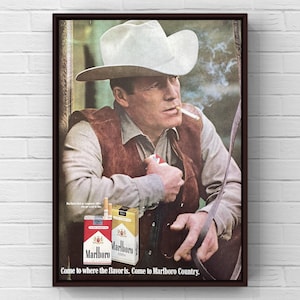 Cartel publicitario vintage de cigarrillos Marlboro de los años 70, página de revista de vaqueros del oeste de los años 70, impresión de arte de pared, decoración del hogar, regalo retro, coleccionable original para hombre
