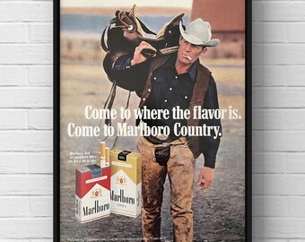 Vintage 1970s Marlboro Cigarettes 70s Cowboy Western Magazine Page Ad Poster Paper Print Wall Art Home Decor Retro Gift Original Collectible