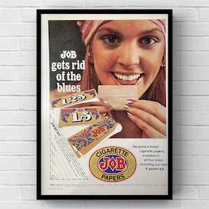 Cartine per sigarette vintage anni '70, carta da lavoro, fumo, donna anni '70, pagina di rivista, poster pubblicitario, stampa, arte murale, arredamento per la casa, regalo retrò, originale